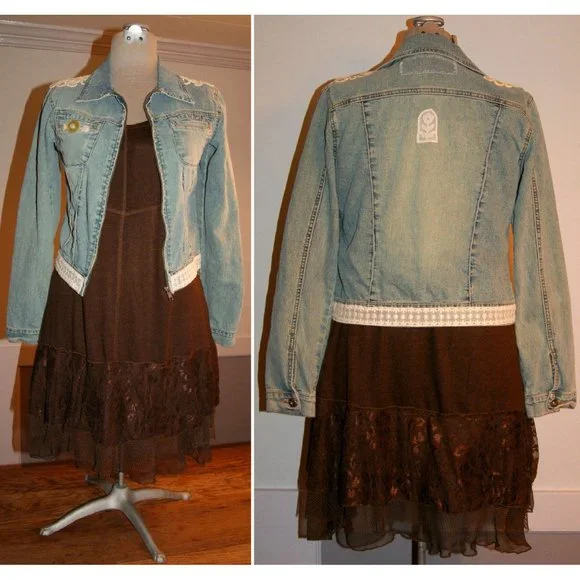 Denim Jean Jacket Upcycled Vintage Distressed Military Style - Picture 3 of 9